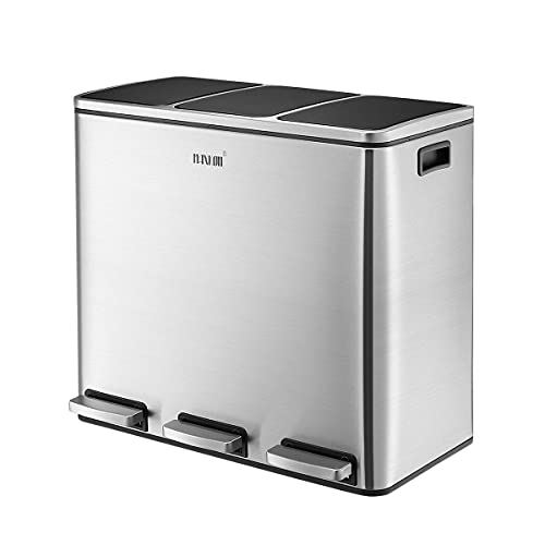 Maxkon 54L Pedal Recycling Bin Kitchen Rubbish Bin Waste Garbage Trash Bin Can with Three Compartments Silver