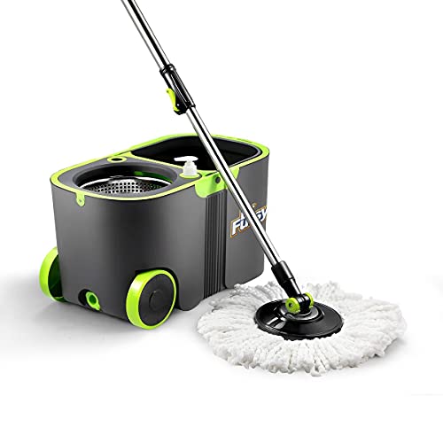 DR Fussy Spin Mop and Bucket Set 360 Degree Rotating Mop 4 Microfiber Mop Heads Bucket with Wheels