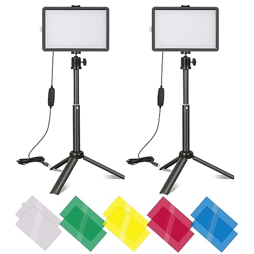 2-Pack Dimmable USB LED Video Light Video Conference Light Kit Photography Continuous Table Top Lighting with Mini Tripod Stand,10 Color Filters for Photo Studio/Live Streaming/Zoom Calls/YouTube