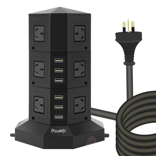 Powerjc Tower Power Strip USB Surge Protector Socket 12 AC Outlets with 6 USB 2.4A totals 6A Ports Chargers 2M Long Extension Cord SAA Certified Black (Black)