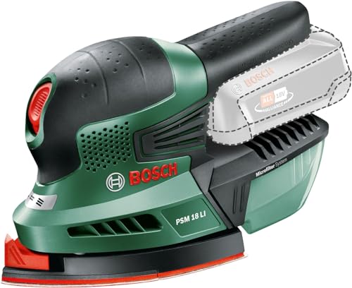 Bosch Home & Garden 18V Cordless Multi Detail Sander Without Battery, 3 Sanding Sheets, Dust Box, Rotatable Plate (PSM 18LI)