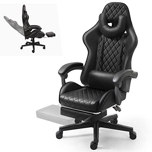 Ergonomic Gaming Chair YESDEX Computer Office Chair Heavy Duty Game Computer Chair, Leather Gamer Chair Racing Executive Adjustable Height Swivel Chair with Footrest, Headrest and Lumbar Support (Black)