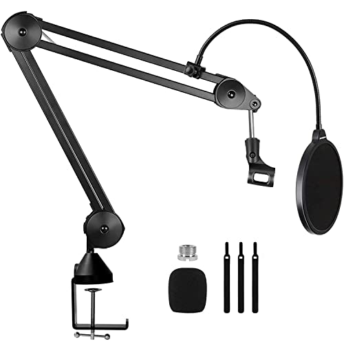 Microphone Boom Arm with Pop Filter, Swivel Mount Studio Mic Arm Stand with Oversized Table Clamp