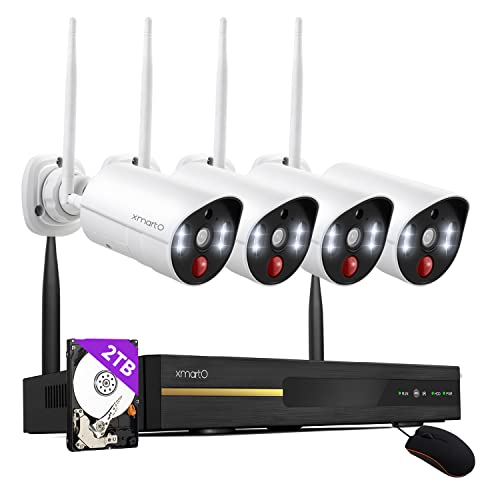 Thermal True Detection XMARTO Prime 10CH 2K HD Wireless Security Camera System 24/7 w. Human/pet/Vehicle Detect,Color Night Vision,2-Way Audio and 2TB HDD (Smart Lights & Siren,WPS2K84-2TB Plug-in)