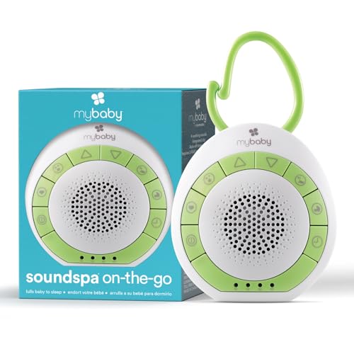 myBaby Soundspa On‐the‐Go, Plays 4 Soothing Sounds, Adjustable Volume Control, Adjustable Clip for Strollers, Diaper Bags, Car Seats, Small and Lightweight, Auto Timer, MYB‐S115