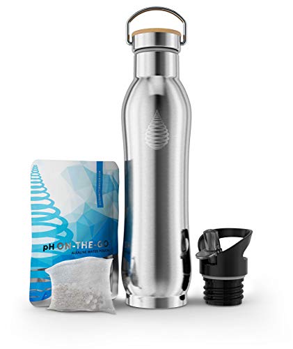 pH Active Insulated Water Bottle - Filtered Alkaline Water Bottle - Stainless Steel Water Bottle - Includes Alkaline Water Filter, Plus Bonus Sports Gym Lid - Double Walled Metal - New 2019 Model