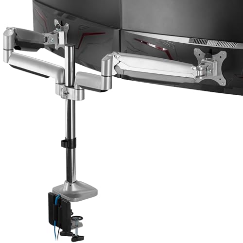 AVLT Dual Heavy Duty Monitor Arm Desk Mount Fits 13"-32" Monitors with USB 3.0 & AUX Ports | Gas Spring Full Motion Swivel Tilt Rotation Adjustable Height | Extra Tall Pole/VESA | Silver