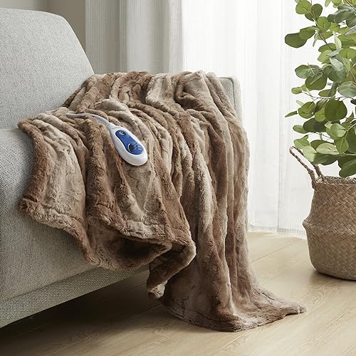 Beautyrest Zuri Reversible Faux Fur to Mink Electric Blanket, Auto Shut Off, Virtually Zero EMF, Multi Heat Setting, UL Certified, Machine Washable, Tan Tip Dye Throw 50x70