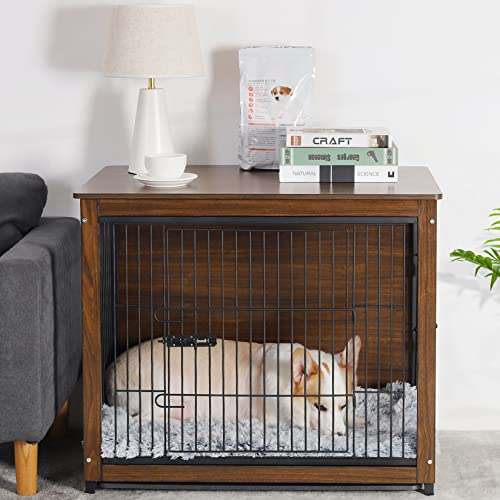 Bingopaw Wooden Dog Crate, Medium Dog Cage Indoor Dog Cage End Table Pet Crate with Floor Tray 30”